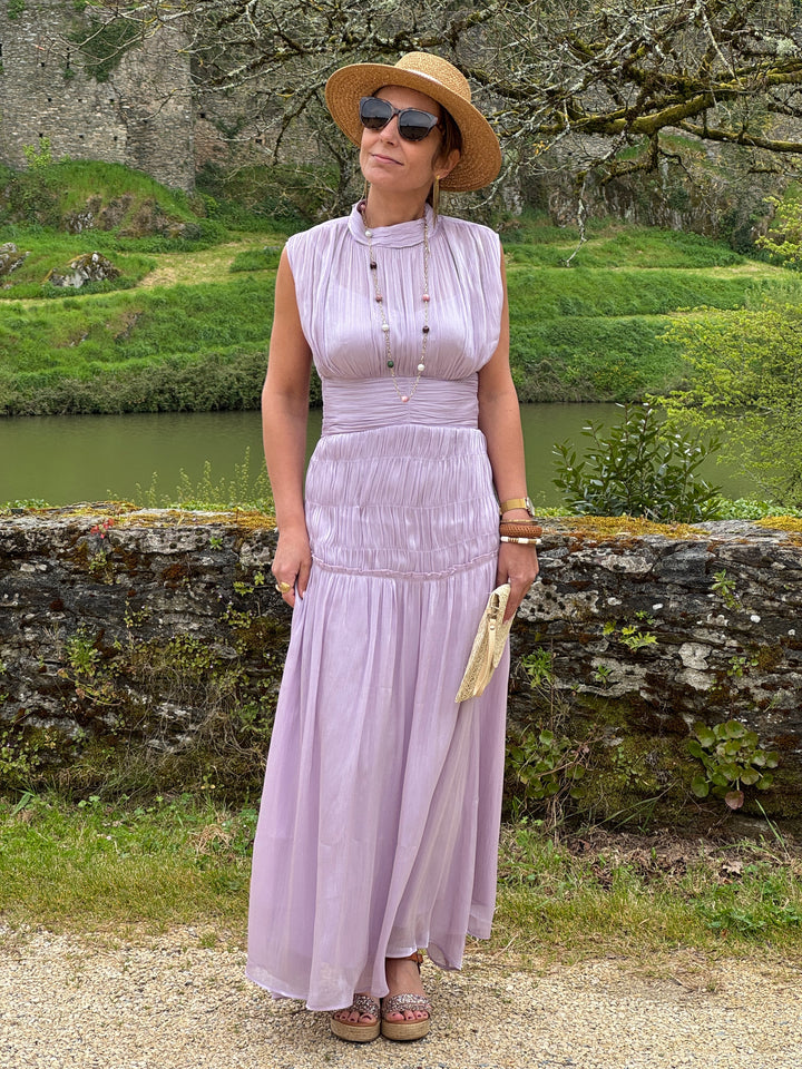 Robe manches américaines longue effet satiné lilas HORTENSE