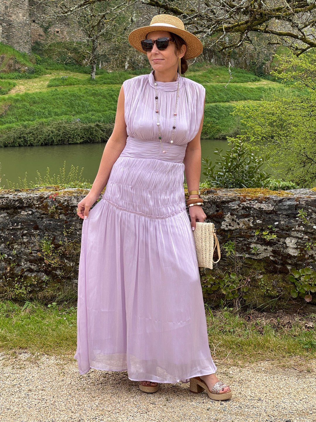 Robe manches américaines longue effet satiné lilas HORTENSE