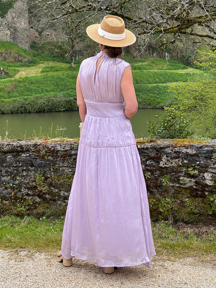 Robe manches américaines longue effet satiné lilas HORTENSE