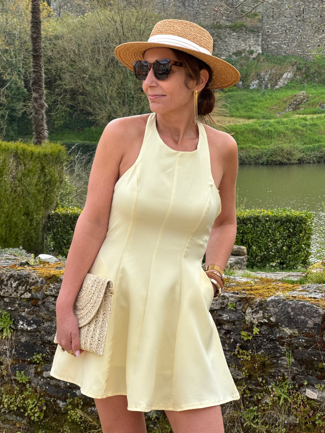 Robe patineuse dos nu bretelles jaune CAMILLE