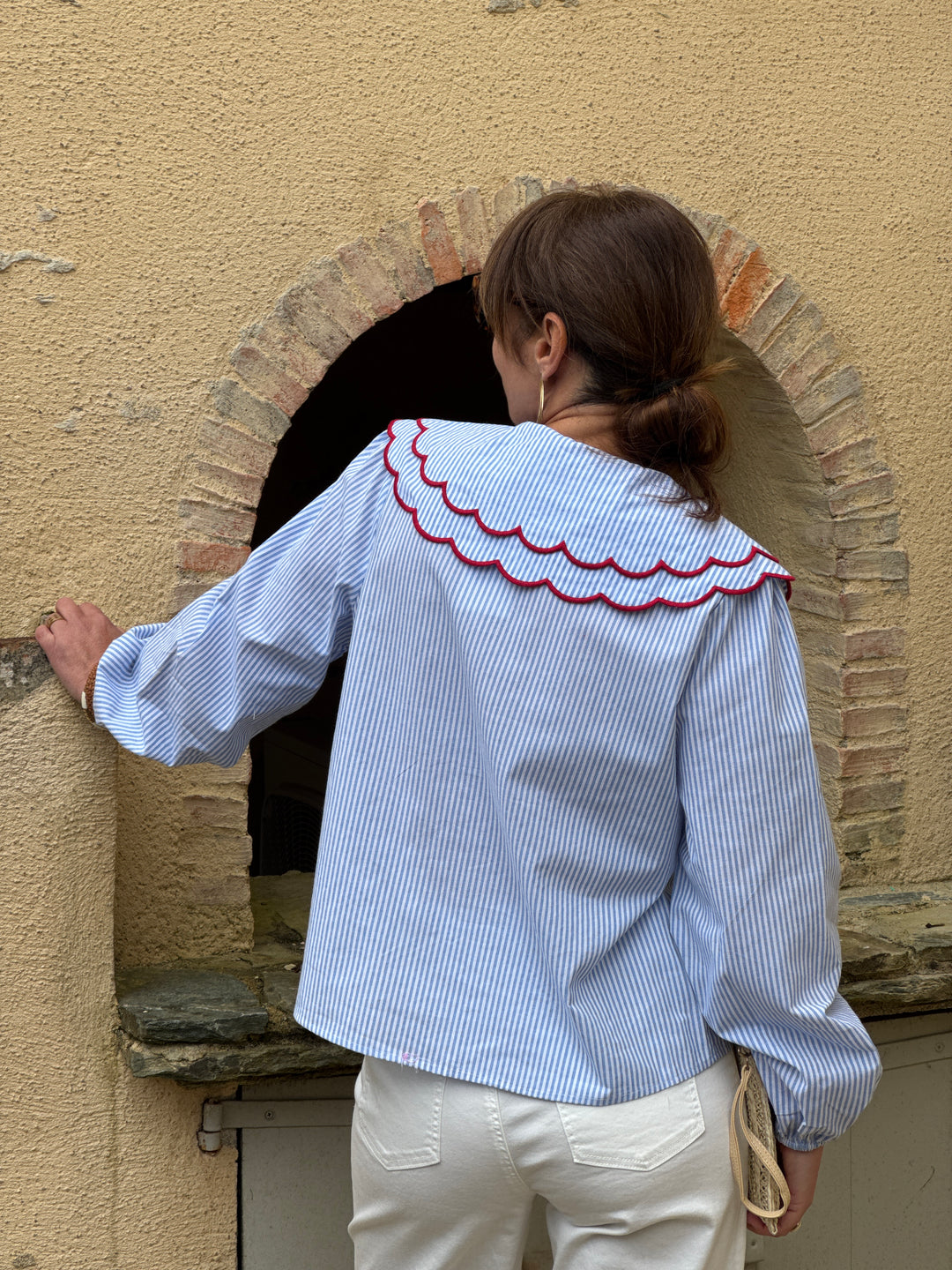 Chemise rayures tennis bleu blanc volants col CAMOMILLE