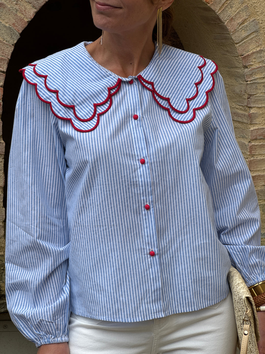 Chemise rayures tennis bleu blanc volants col CAMOMILLE
