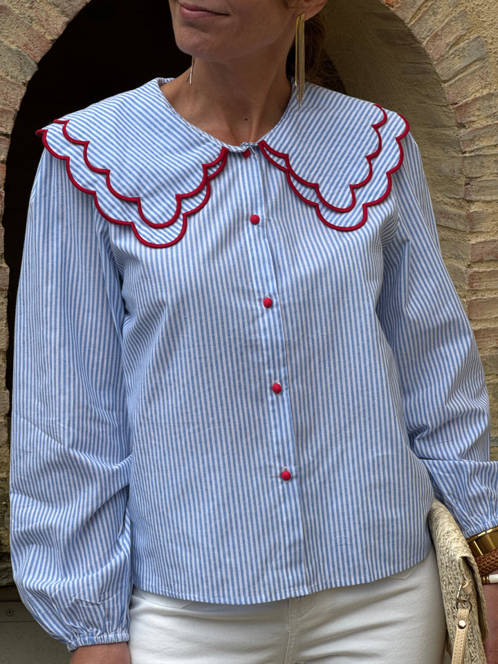 Chemise rayures tennis bleu blanc volants col CAMOMILLE