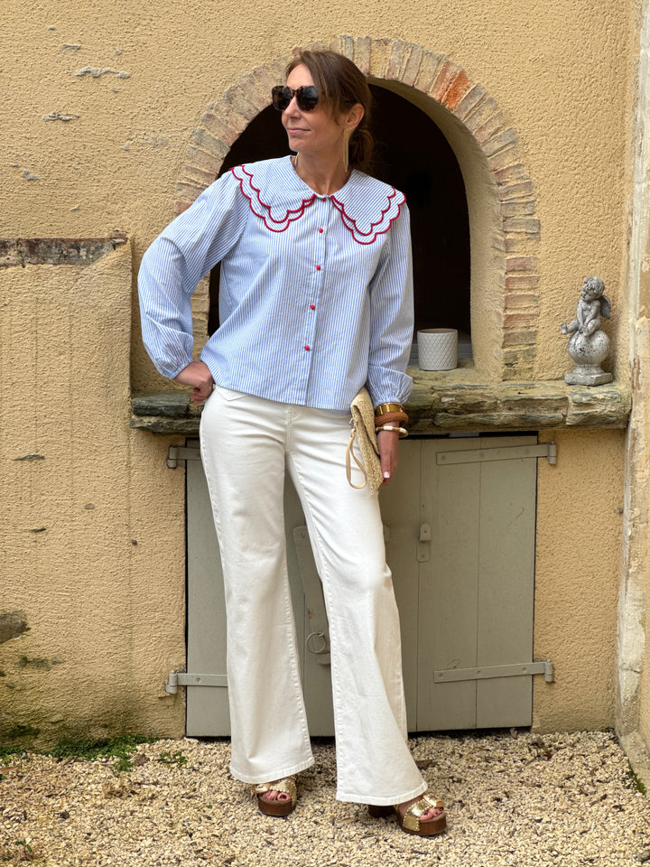 Chemise rayures tennis bleu blanc volants col CAMOMILLE