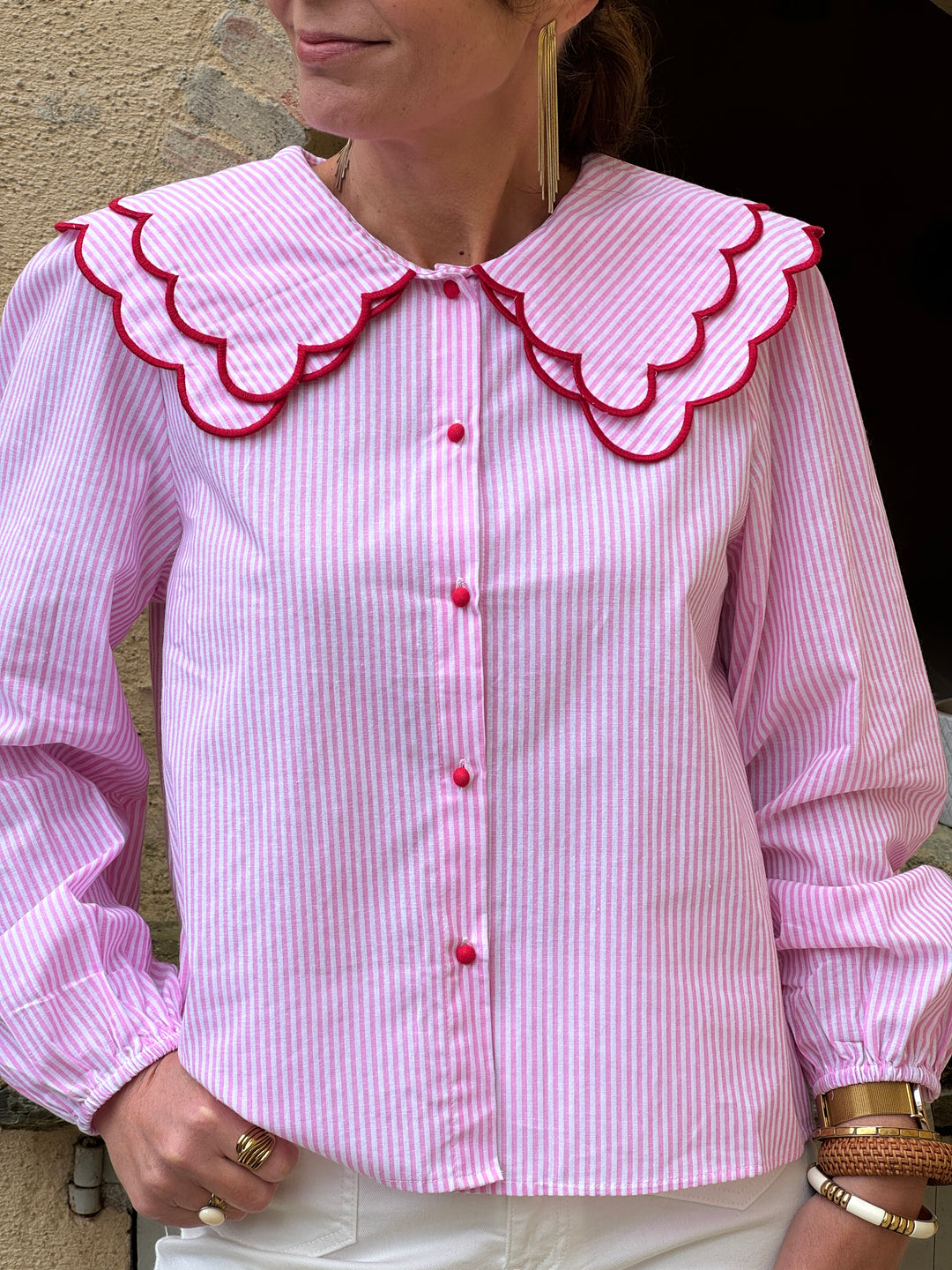 Chemise rayures tennis rose blanc volants col CAMOMILLE
