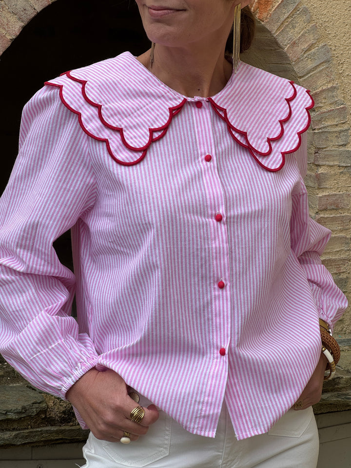 Chemise rayures tennis rose blanc volants col CAMOMILLE