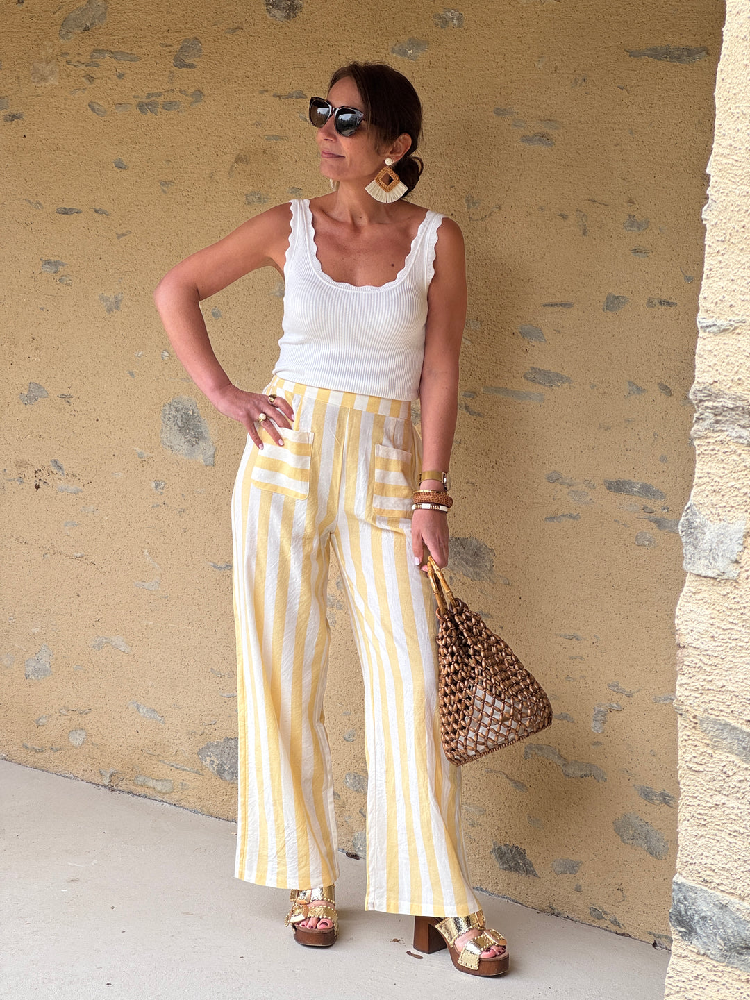 Pantalon rayures jaune et blanc AZELIA