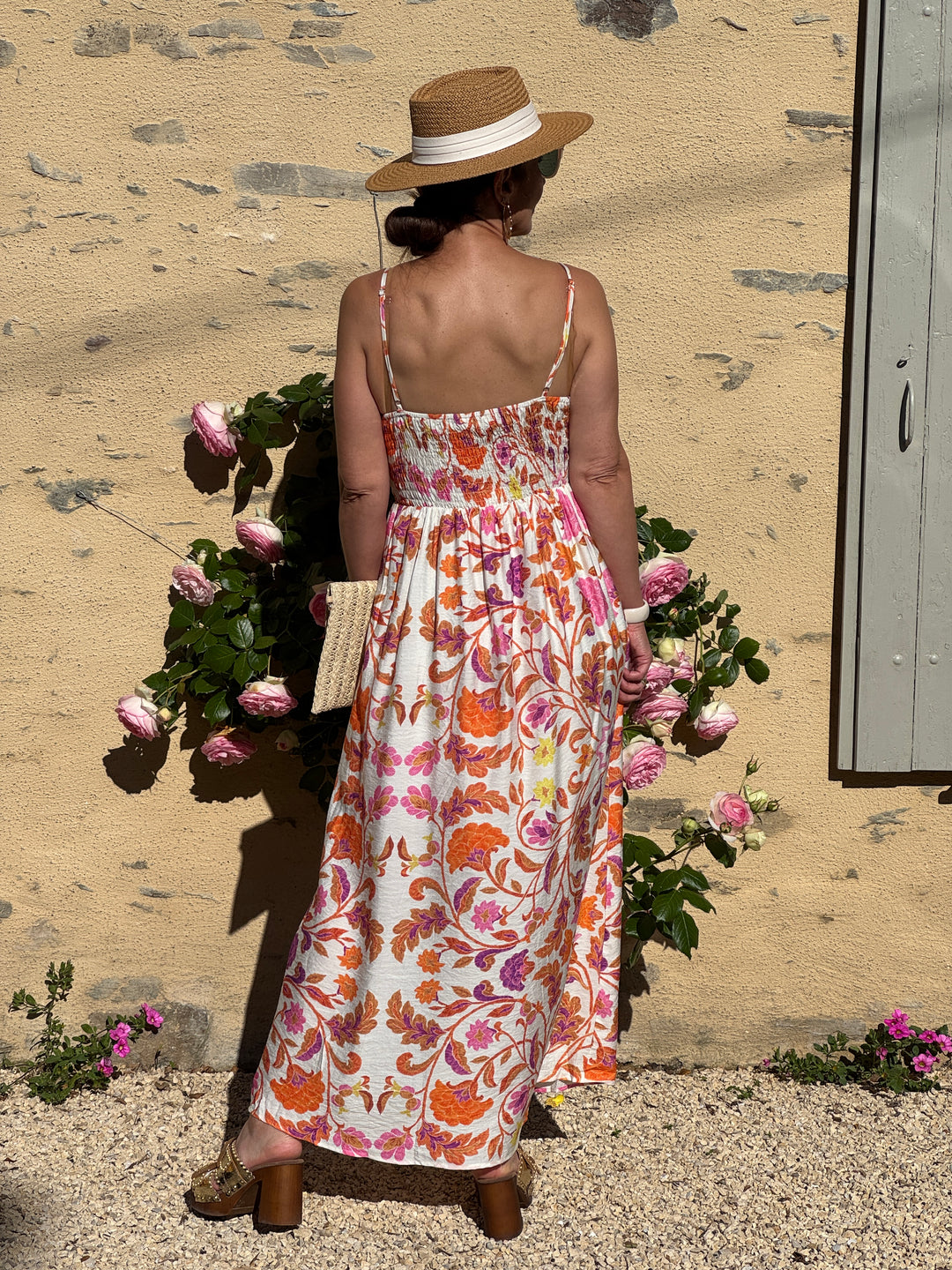 Robe floral orange rose jaune fond beige SALMA