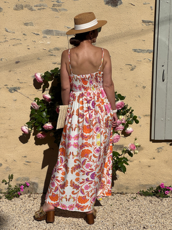 Robe floral orange rose jaune fond beige SALMA