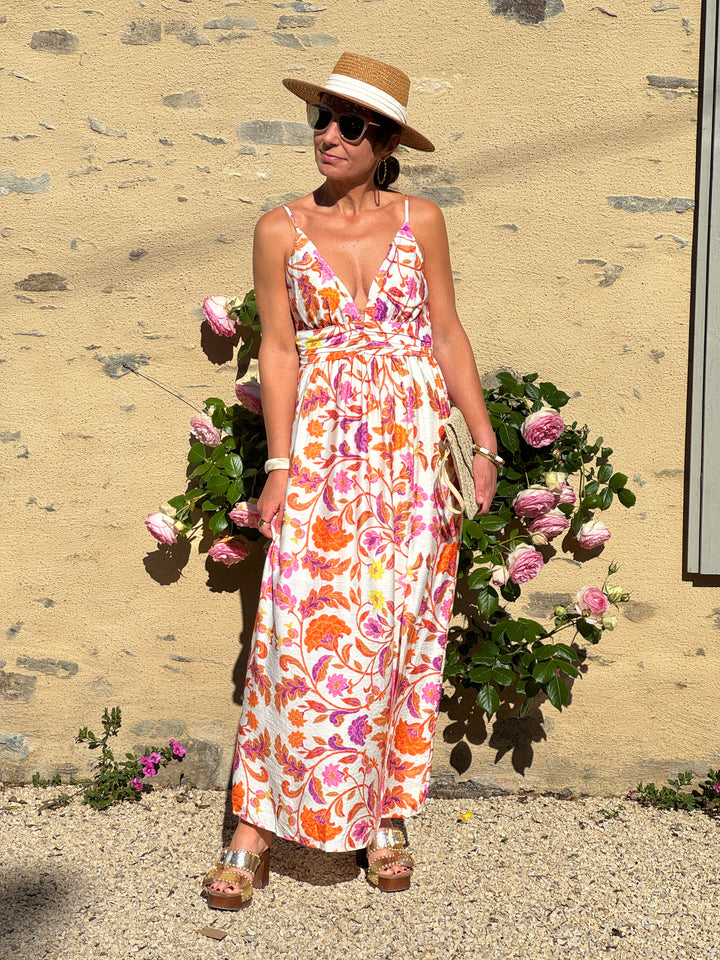 Robe floral orange rose jaune fond beige SALMA