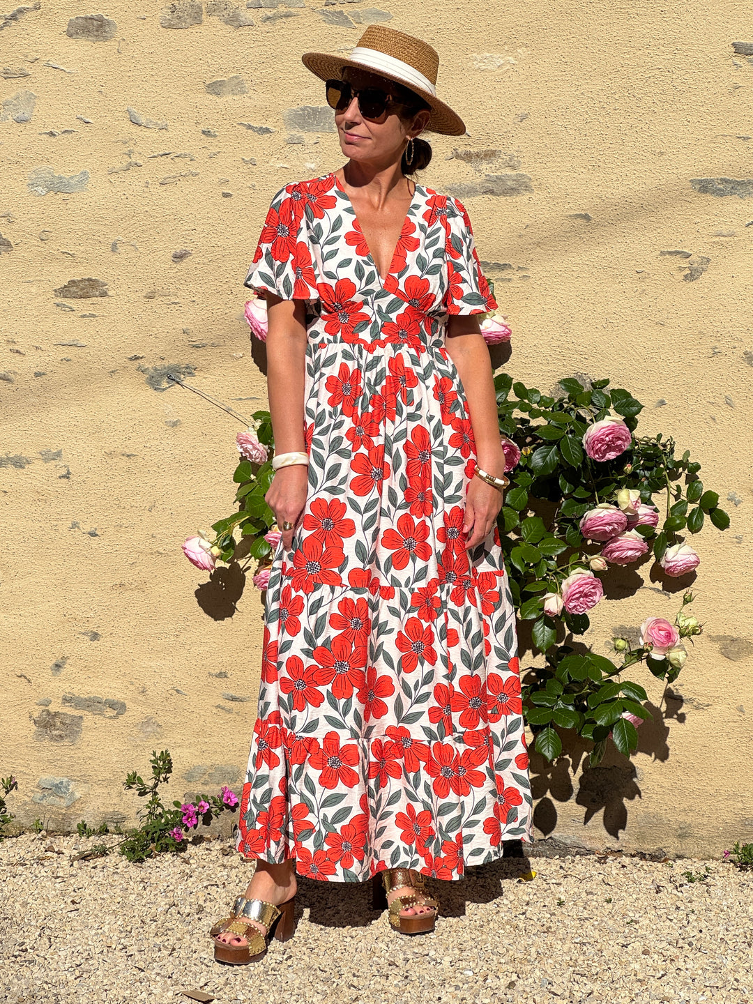 Robe floral orange vert fond beige LAMIA