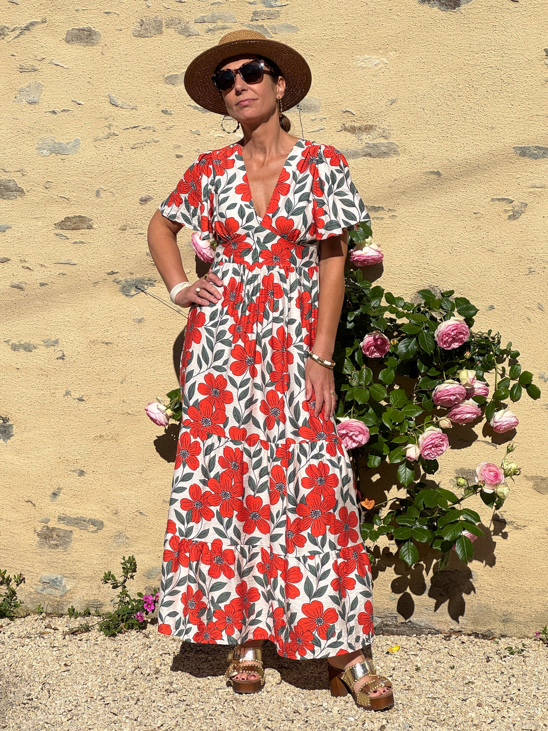 Robe floral orange vert fond beige LAMIA