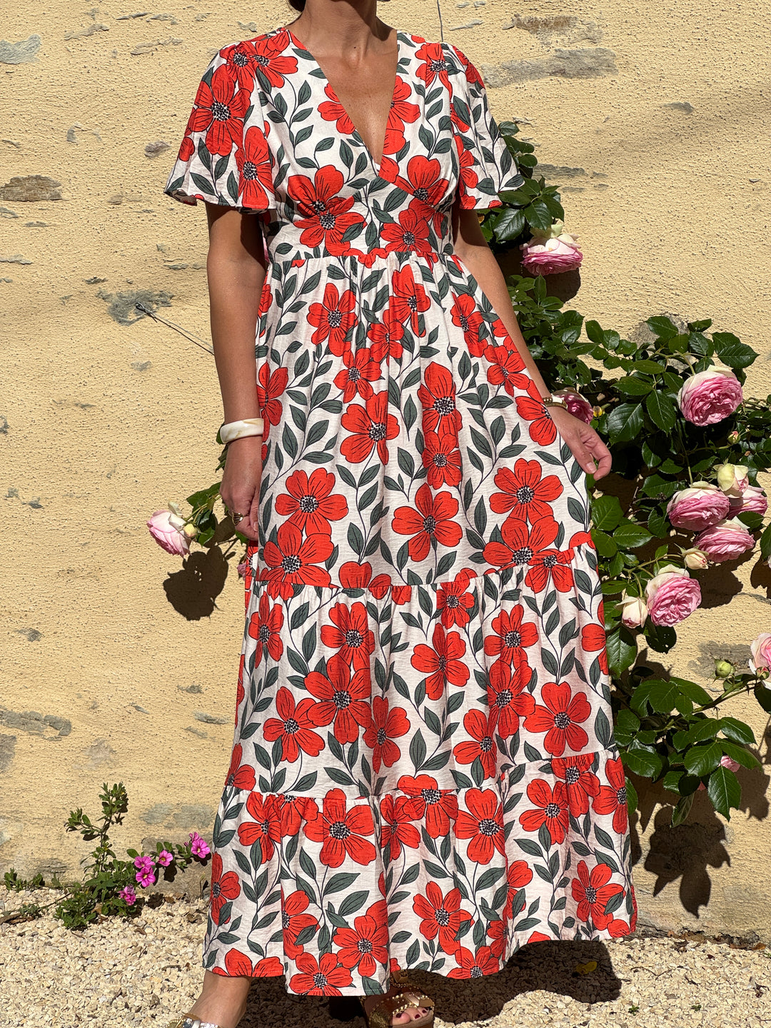 Robe floral orange vert fond beige LAMIA