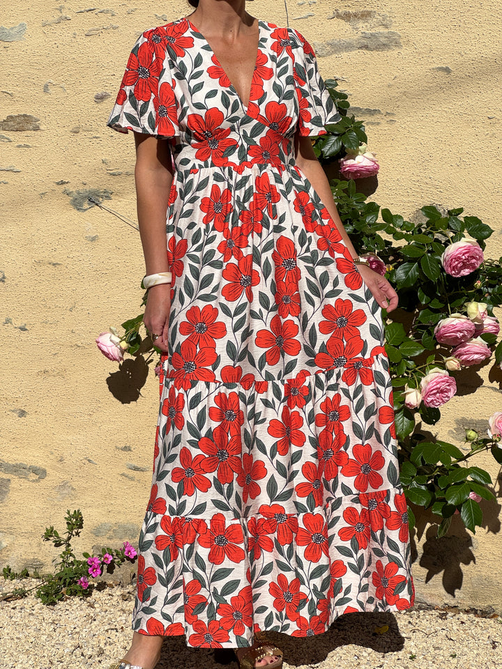 Robe floral orange vert fond beige LAMIA