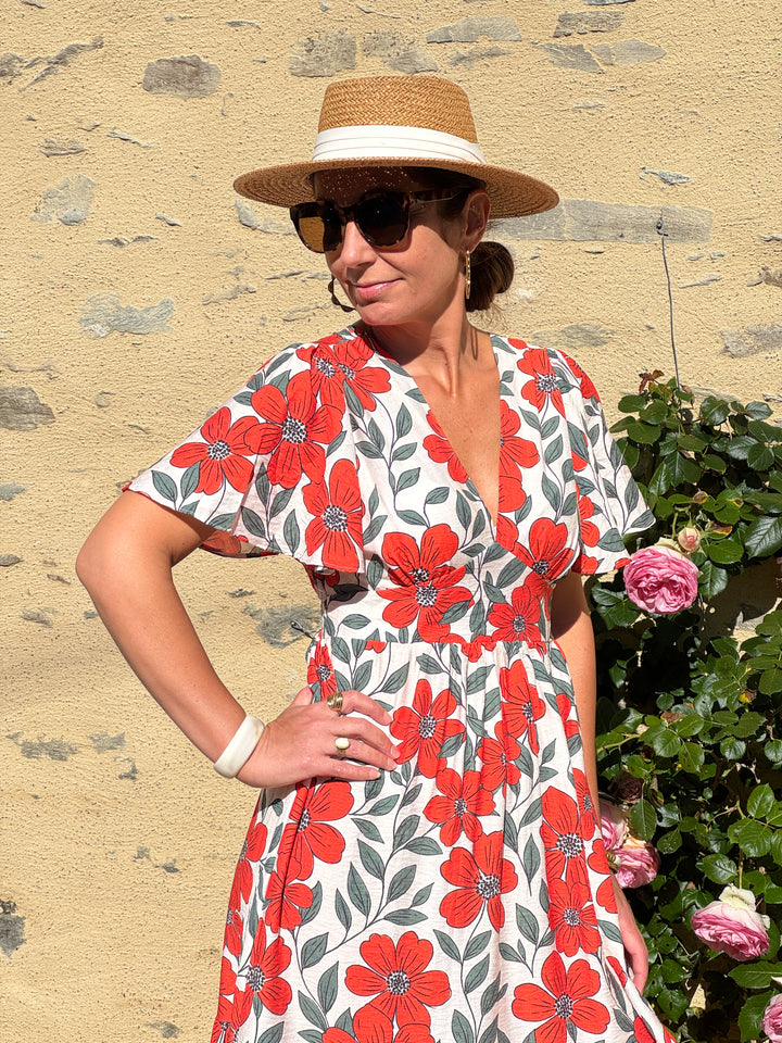 Robe floral orange vert fond beige LAMIA