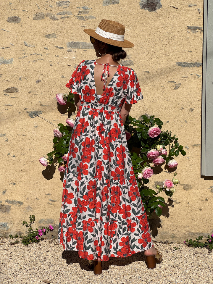 Robe floral orange vert fond beige LAMIA