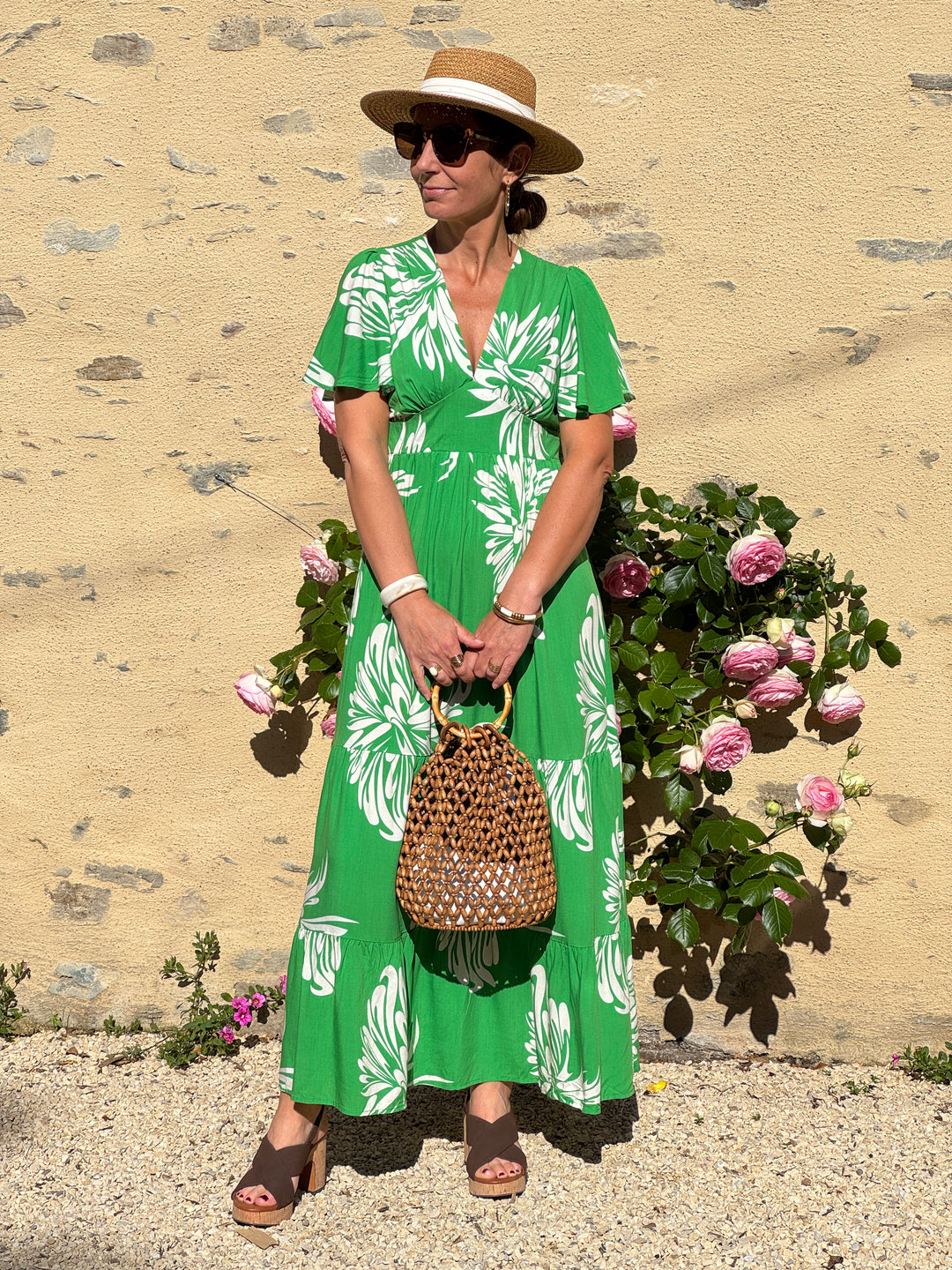 Robe imprimé floral exotique beige fond vert CONSUELA