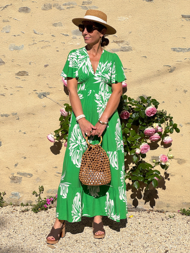 Robe imprimé floral exotique beige fond vert CONSUELA