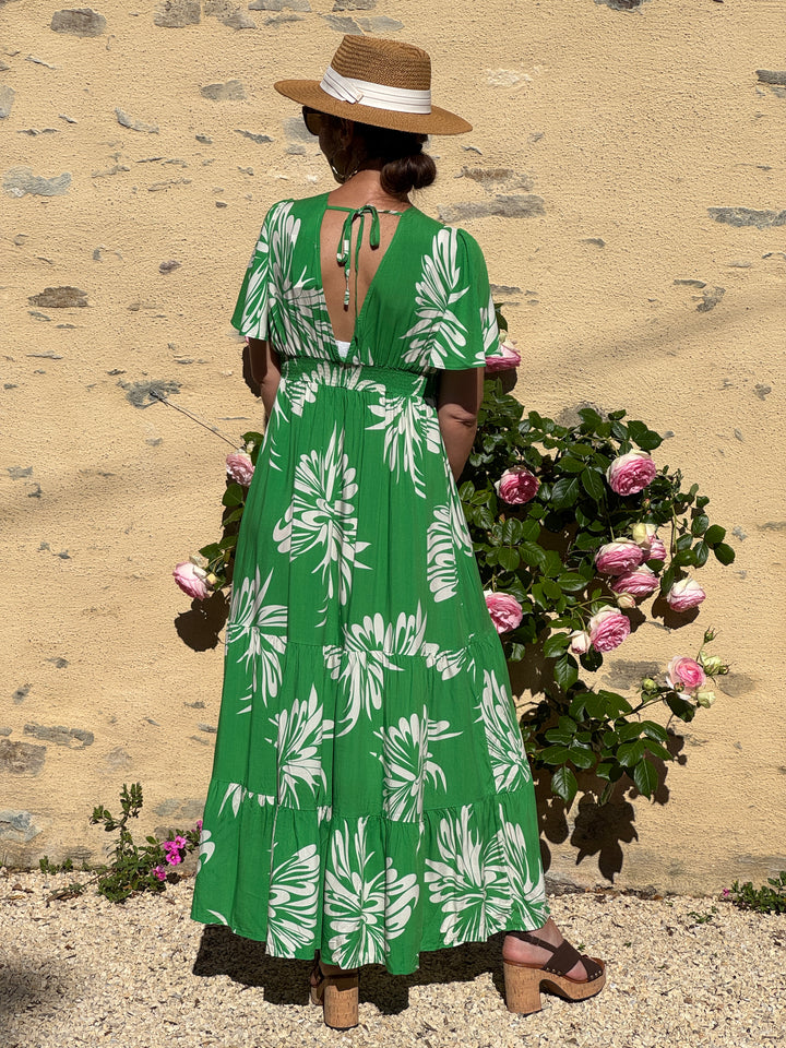 Robe imprimé floral exotique beige fond vert CONSUELA