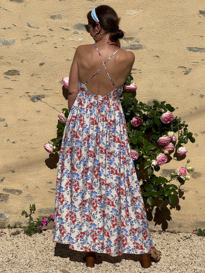Robe imprimé floral lavande, rouge et orange fond beige CASSI