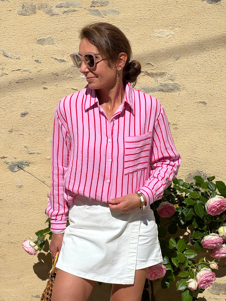 Chemise rayures tennis rouges sur fond fuchsia VELUM