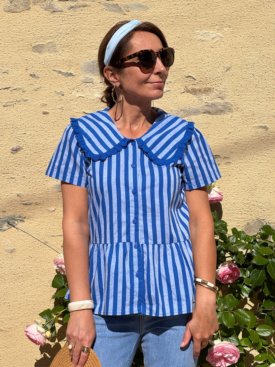 Top col claudine rayures tennis bleu roi fond bleu clair NAIA