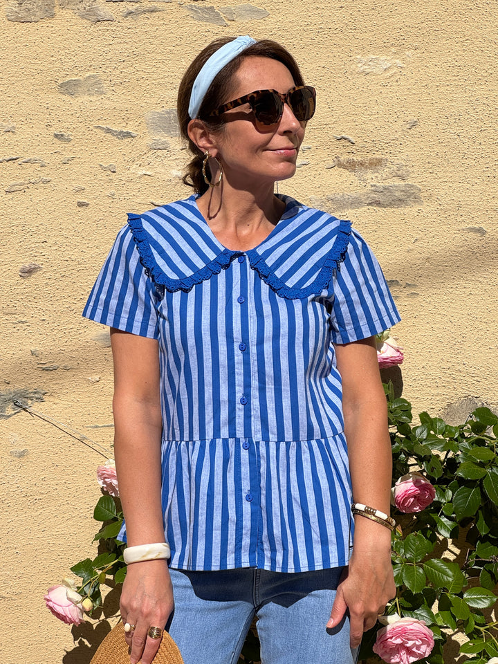 Top col claudine rayures tennis bleu roi fond bleu clair NAIA