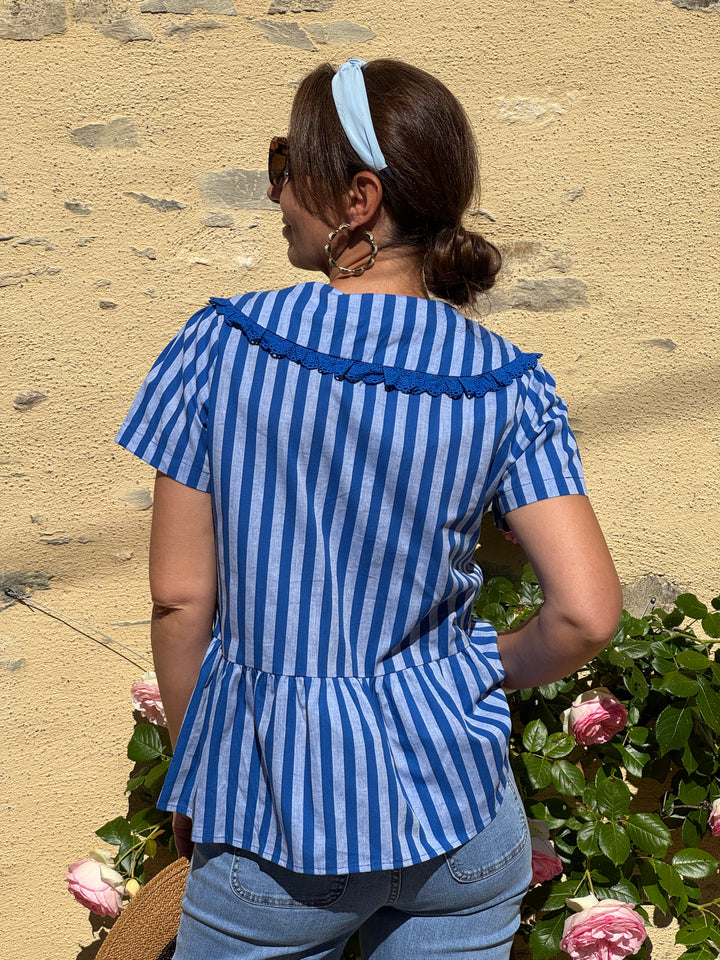 Top col claudine rayures tennis bleu roi fond bleu clair NAIA