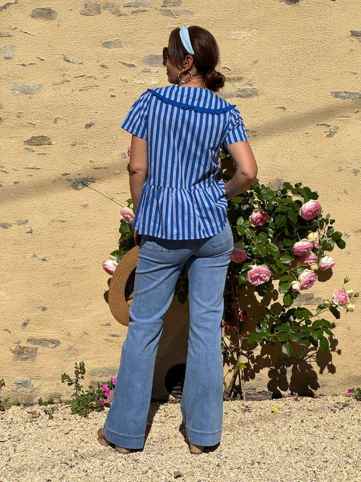 Top col claudine rayures tennis bleu roi fond bleu clair NAIA
