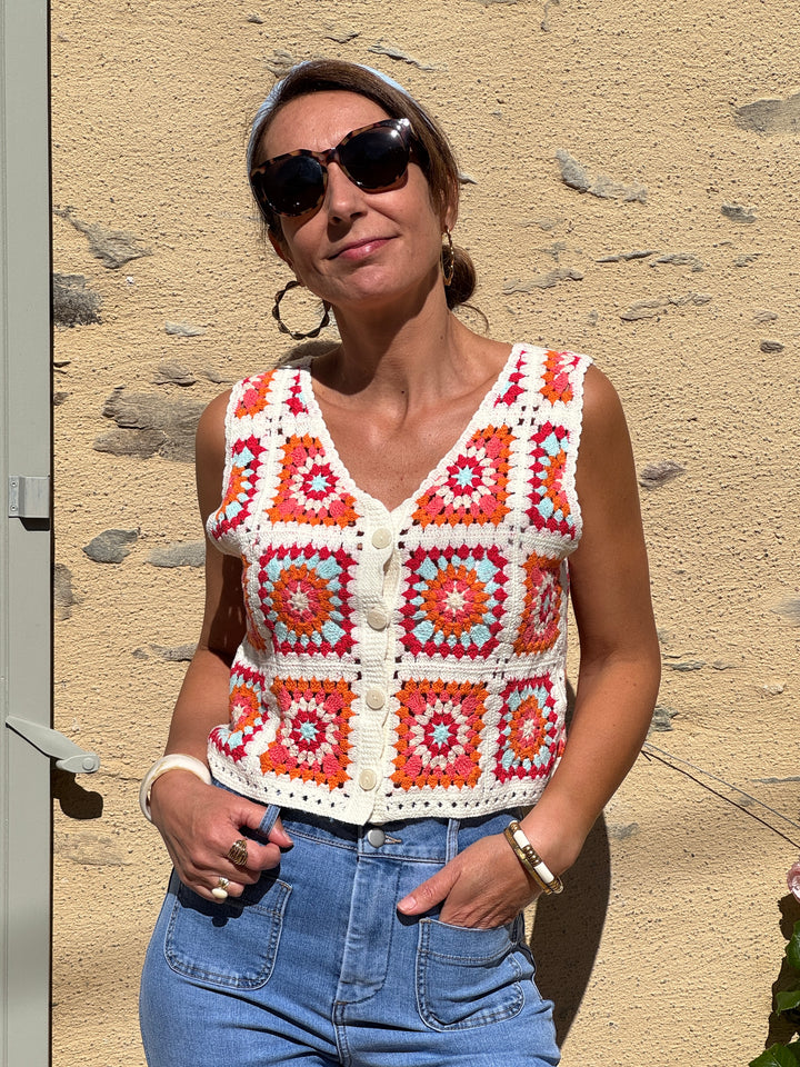 Top crochet orange rose rouge bleu ciel beige NAWEL