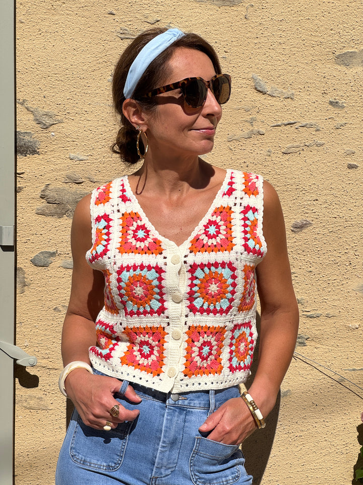 Top crochet orange rose rouge bleu ciel beige NAWEL