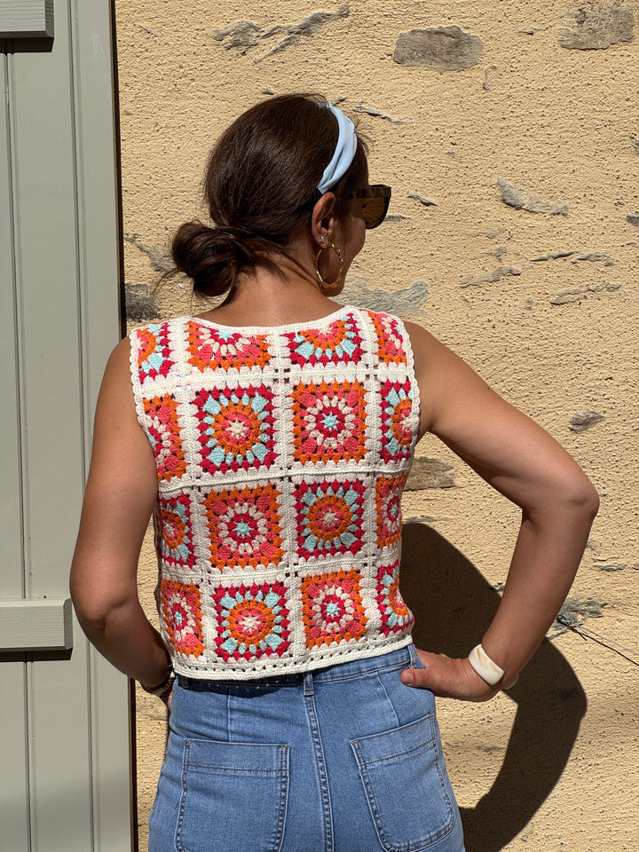 Top crochet orange rose rouge bleu ciel beige NAWEL