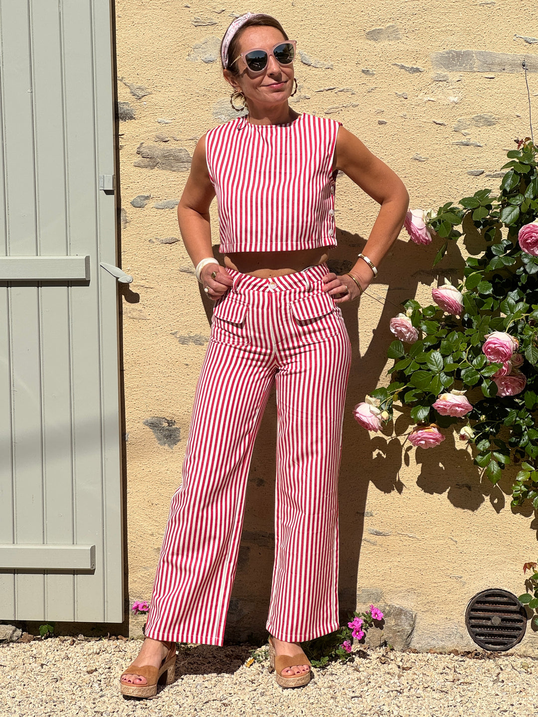 Top beige rayures tennis rouges ALEXA