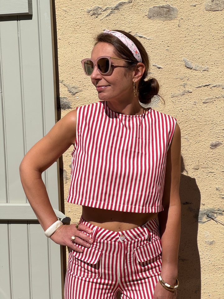 Top beige rayures tennis rouges ALEXA