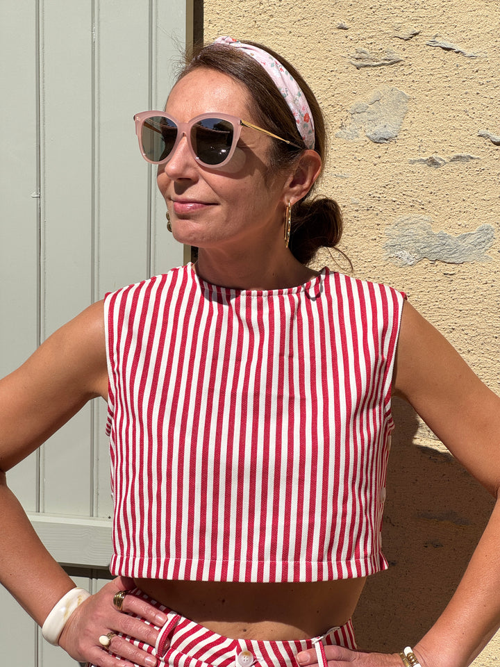 Top beige rayures tennis rouges ALEXA