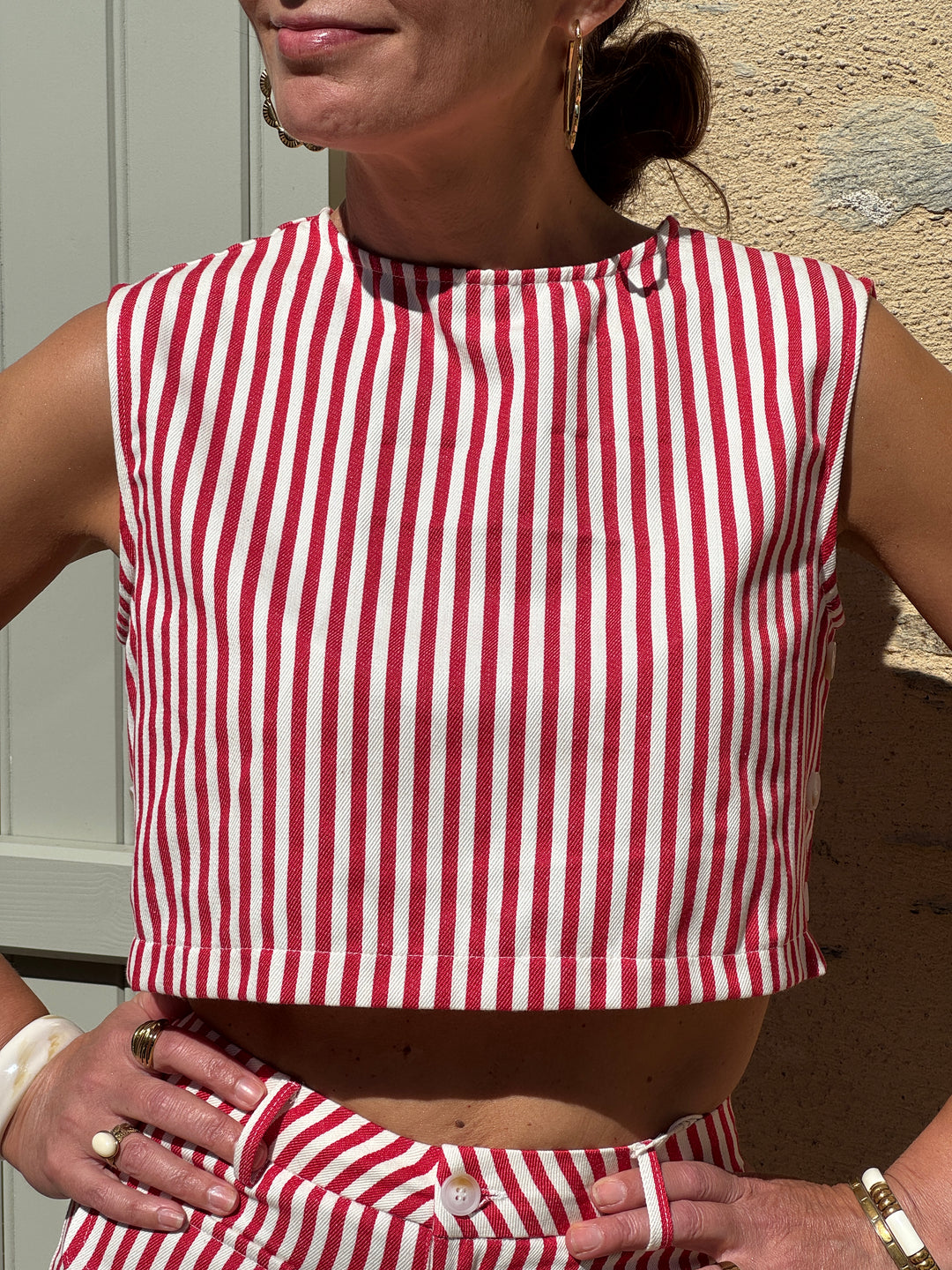Top beige rayures tennis rouges ALEXA