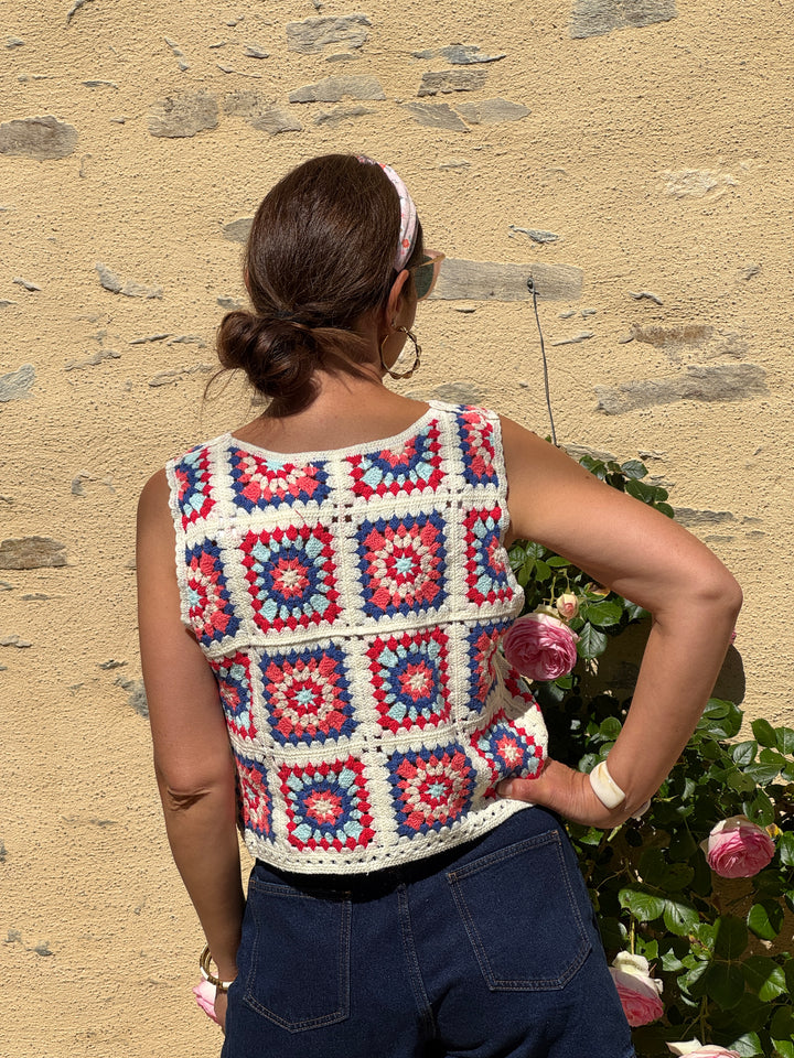 Top crochet bleu rouge bleu ciel rose beige NAWEL
