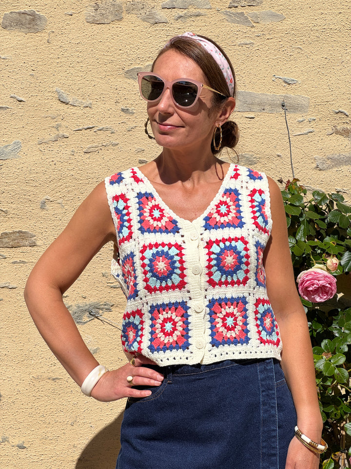 Top crochet bleu rouge bleu ciel rose beige NAWEL