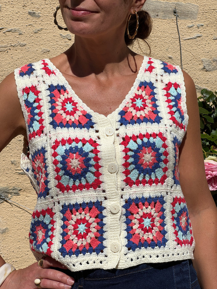 Top crochet bleu rouge bleu ciel rose beige NAWEL