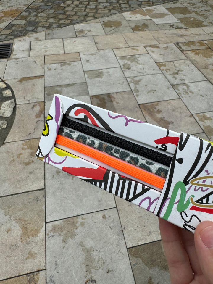 Boîte de lacets Semerdjian léopard, noir irisé et orange fluo