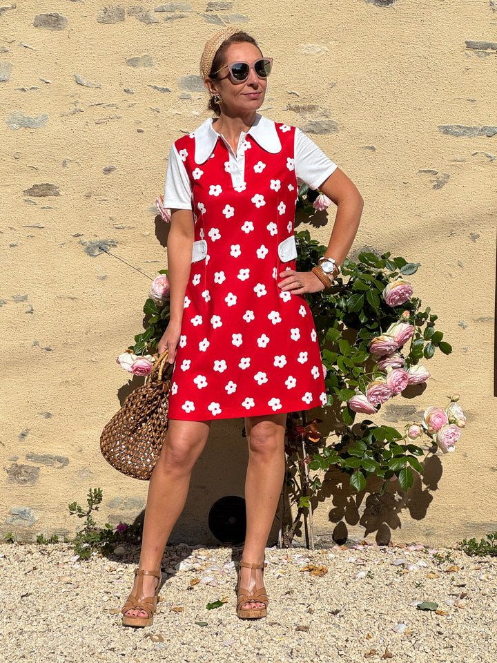 Robe fleur blanche fond rouge KATE Hippocampe
