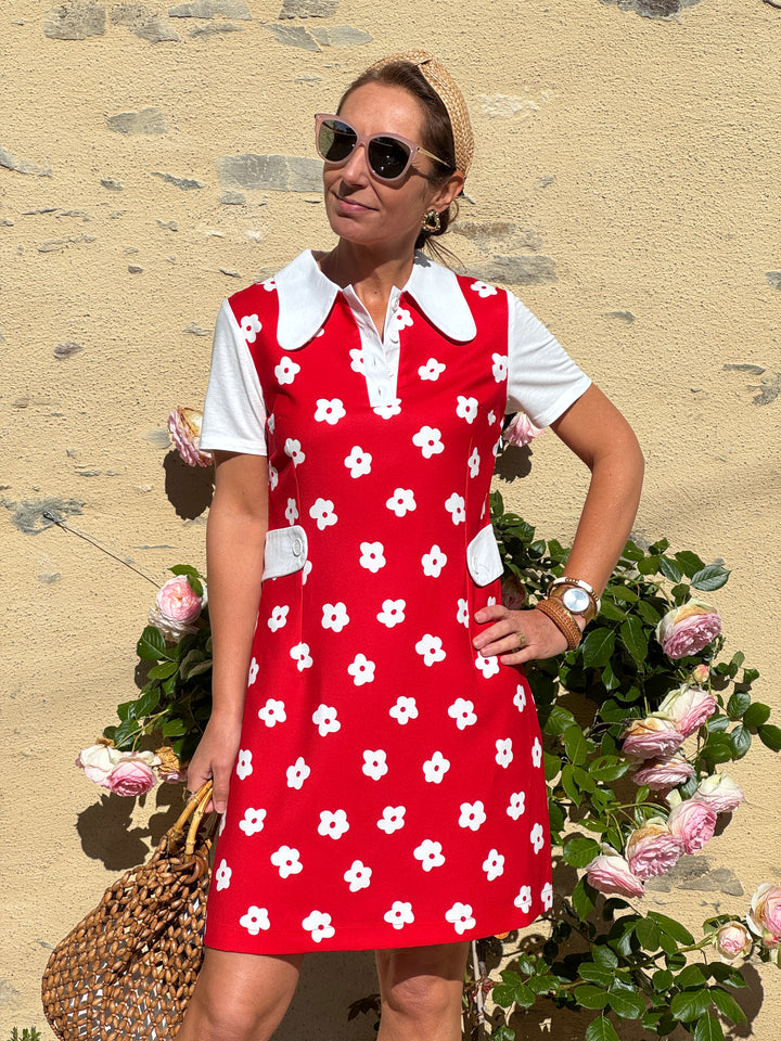 Robe fleur blanche fond rouge KATE Hippocampe