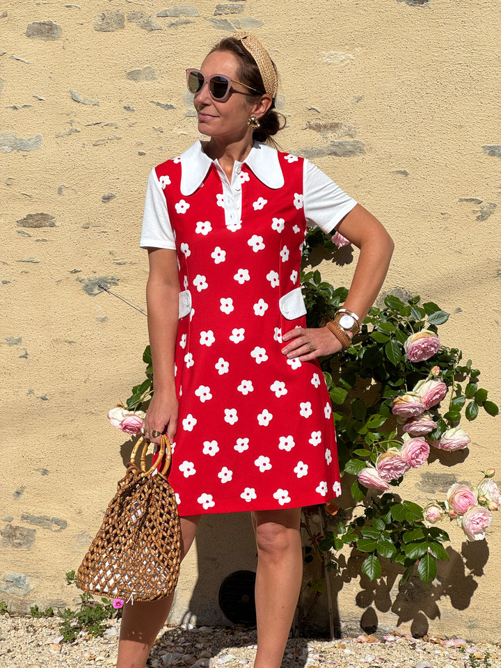 Robe fleur blanche fond rouge KATE Hippocampe