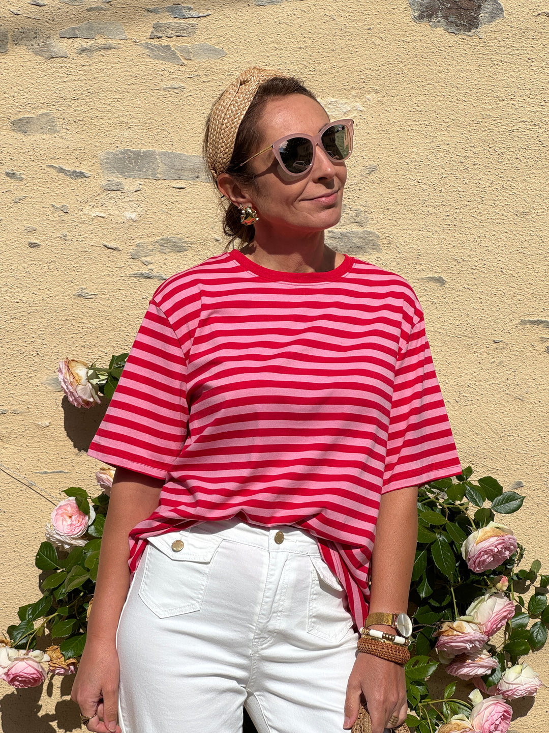 Tee-shirt rayures rouges fond fuchsia LENA