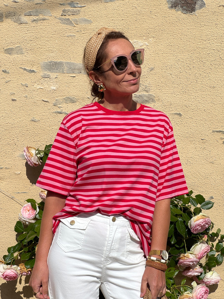 Tee-shirt rayures rouges fond fuchsia LENA