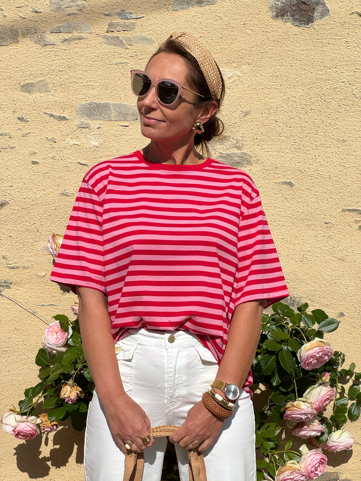 Tee-shirt rayures rouges fond fuchsia LENA