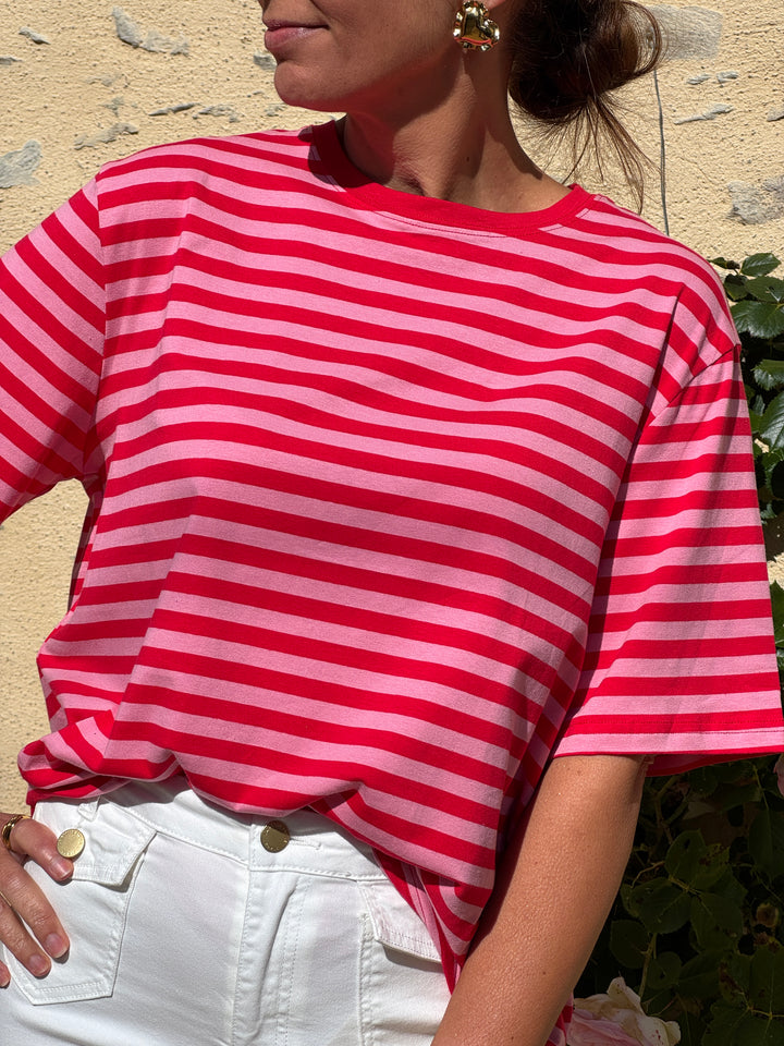 Tee-shirt rayures rouges fond fuchsia LENA