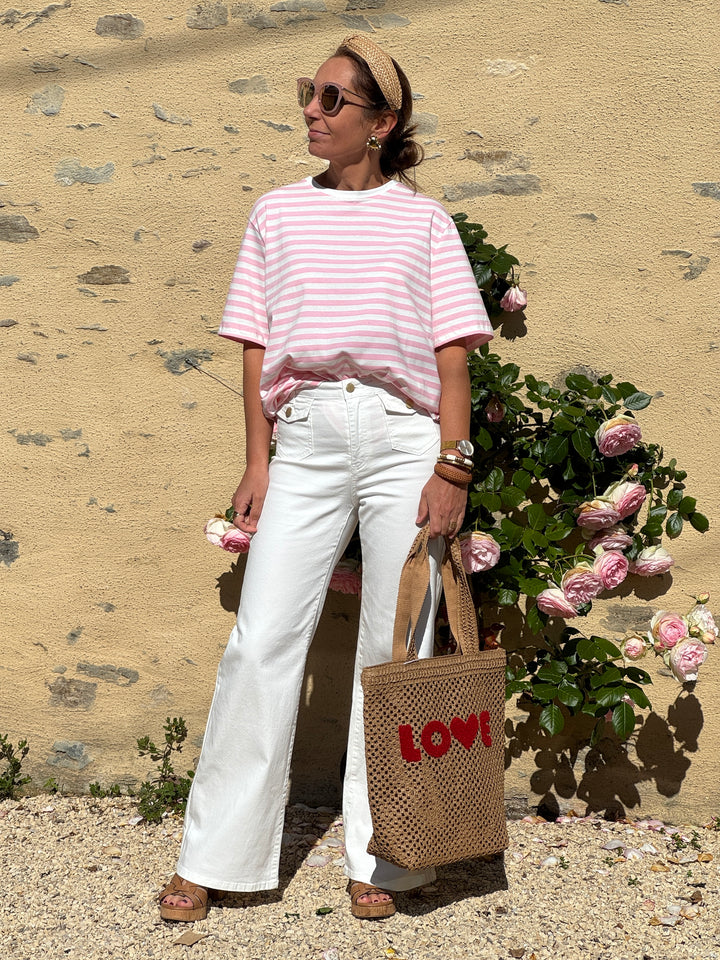 Tee-shirt rayures rose fond blanc LENA