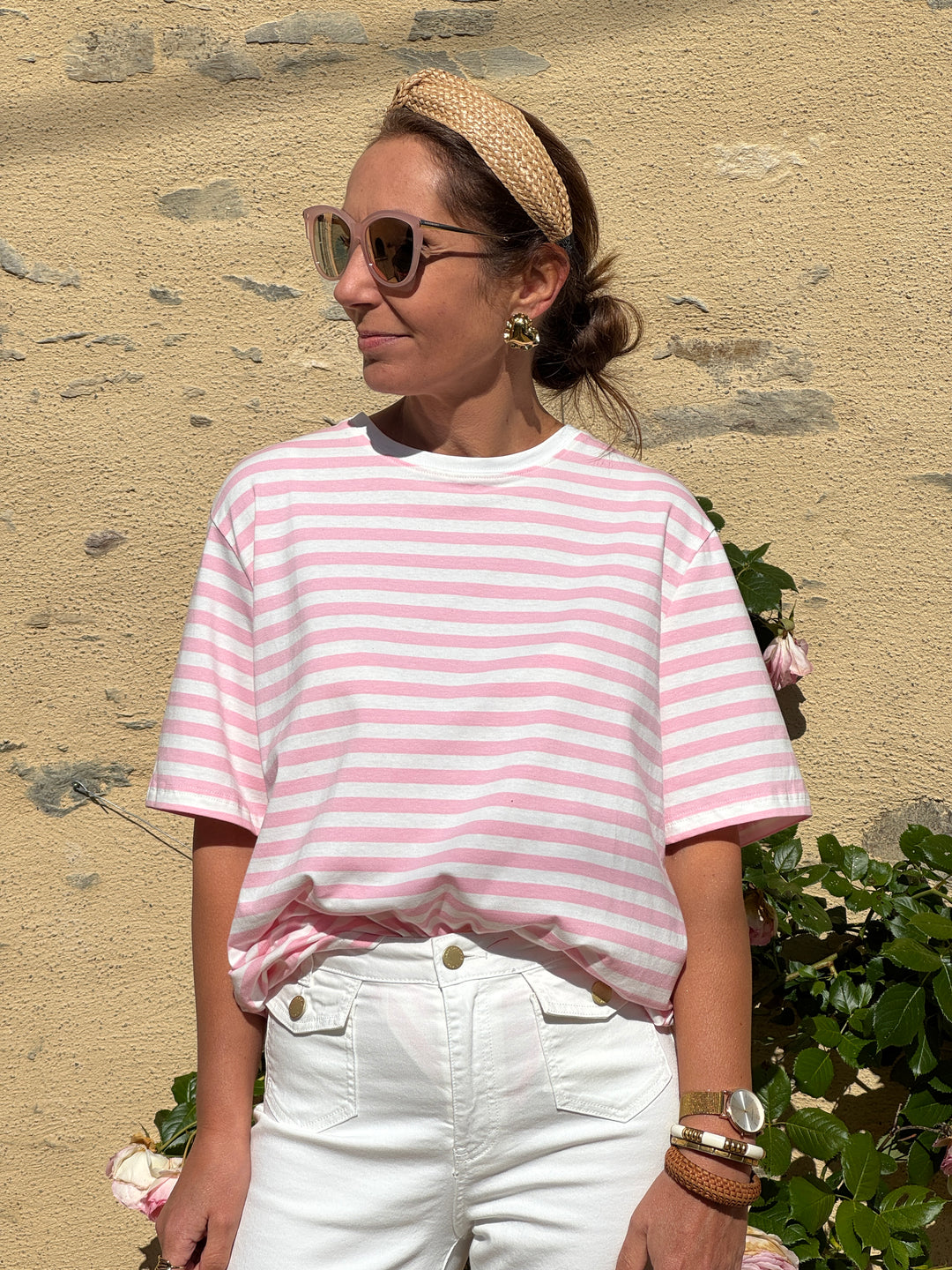 Tee-shirt rayures rose fond blanc LENA