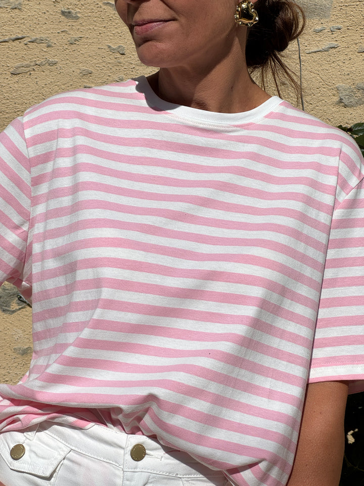 Tee-shirt rayures rose fond blanc LENA